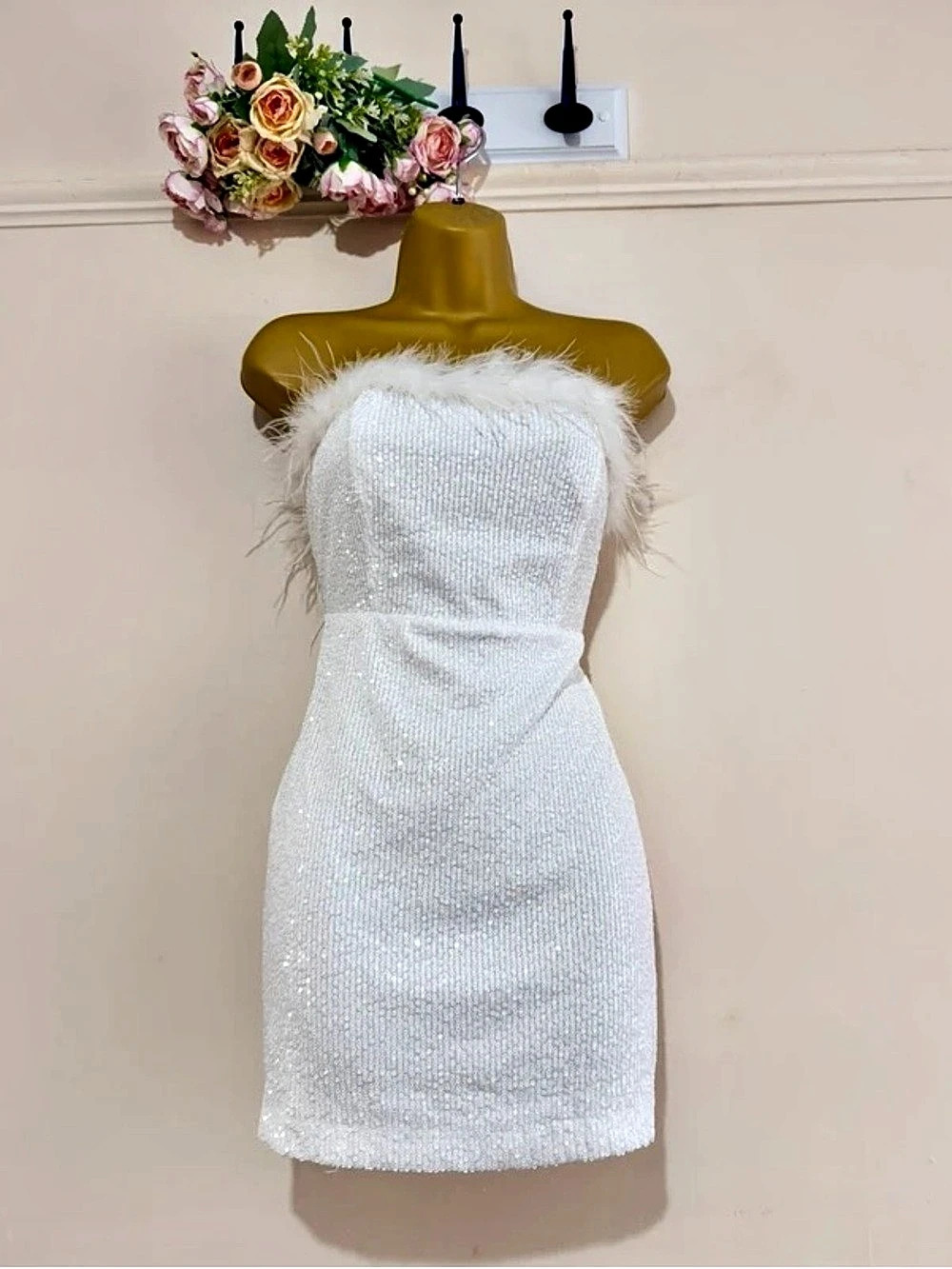 Strapless Feather Trim Sequin Mini Dress in White Like New